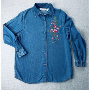 Vintage Victoria Jones Women's Embroidered  Denim Top Shirt Floral Flowers Small